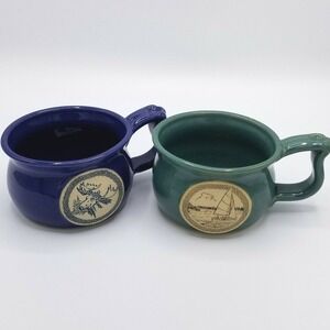 Lot 2 Stoneware Pottery‎ Potbelly Mugs Moose & Sail Boat Green and Blue